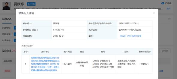 贾跃亭再成被执行人:执行标的5.33亿元